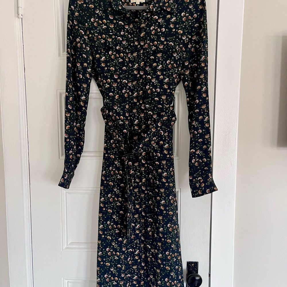 Sezane Navy Floral Long Sleeve Tie-Waist Dress